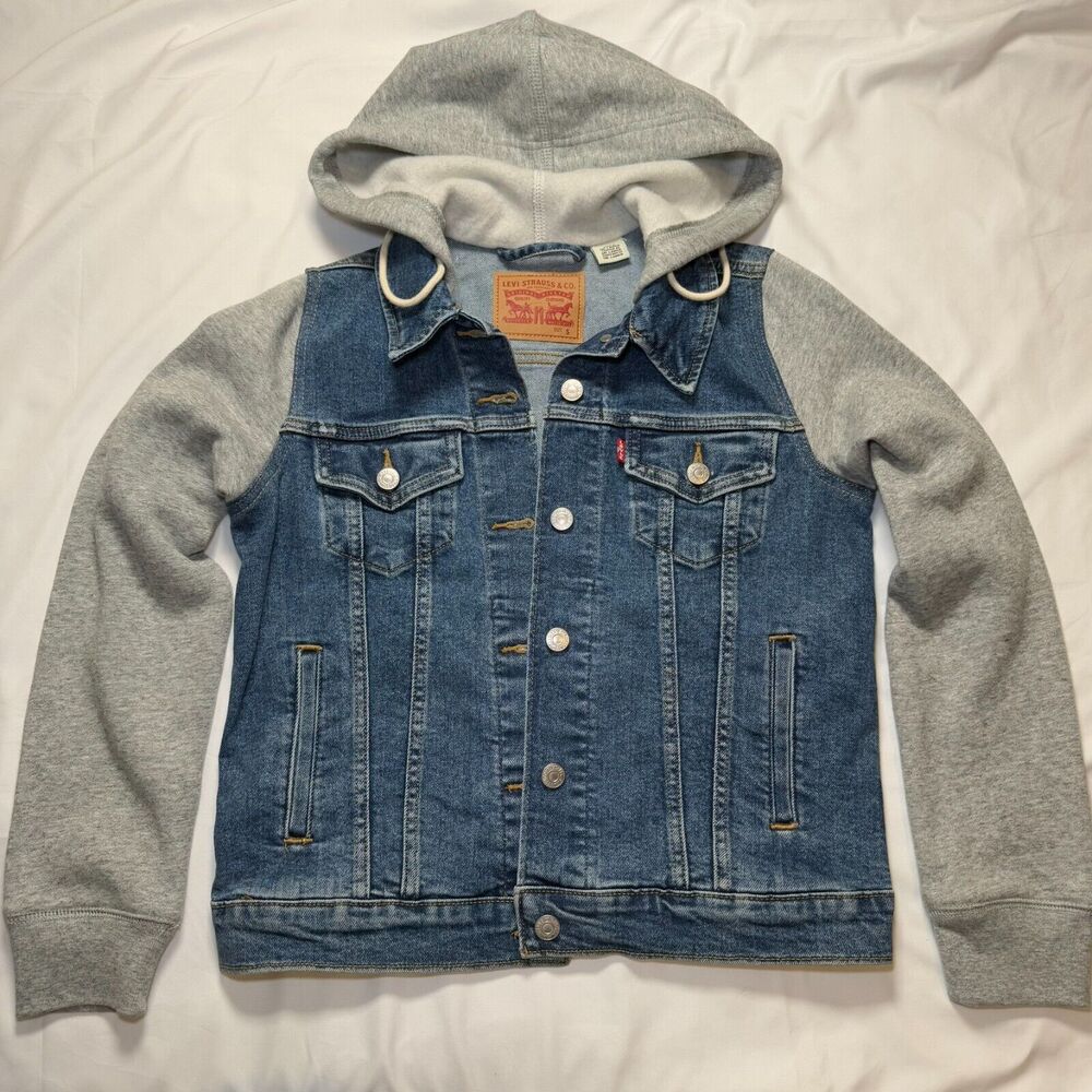 Levis Trucker Jacket Womens Small‎ Blue Jean Denim Hybrid Hoodie Button Up EUC